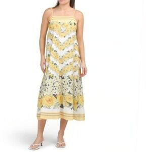 NWT Dalia MacPhee Yellow Rose Chevron Print Smocked Bodice Maxi Dress Medium